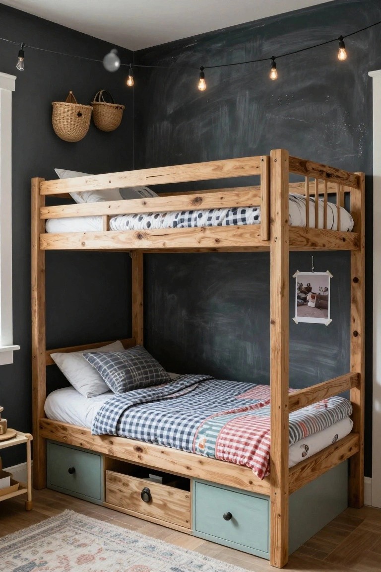 Wooden bunk bed against a dark chalkboard-painted wall in a children's bedroom, with wicker baskets hanging nearby, string lights overhead, and green drawers built into the base.