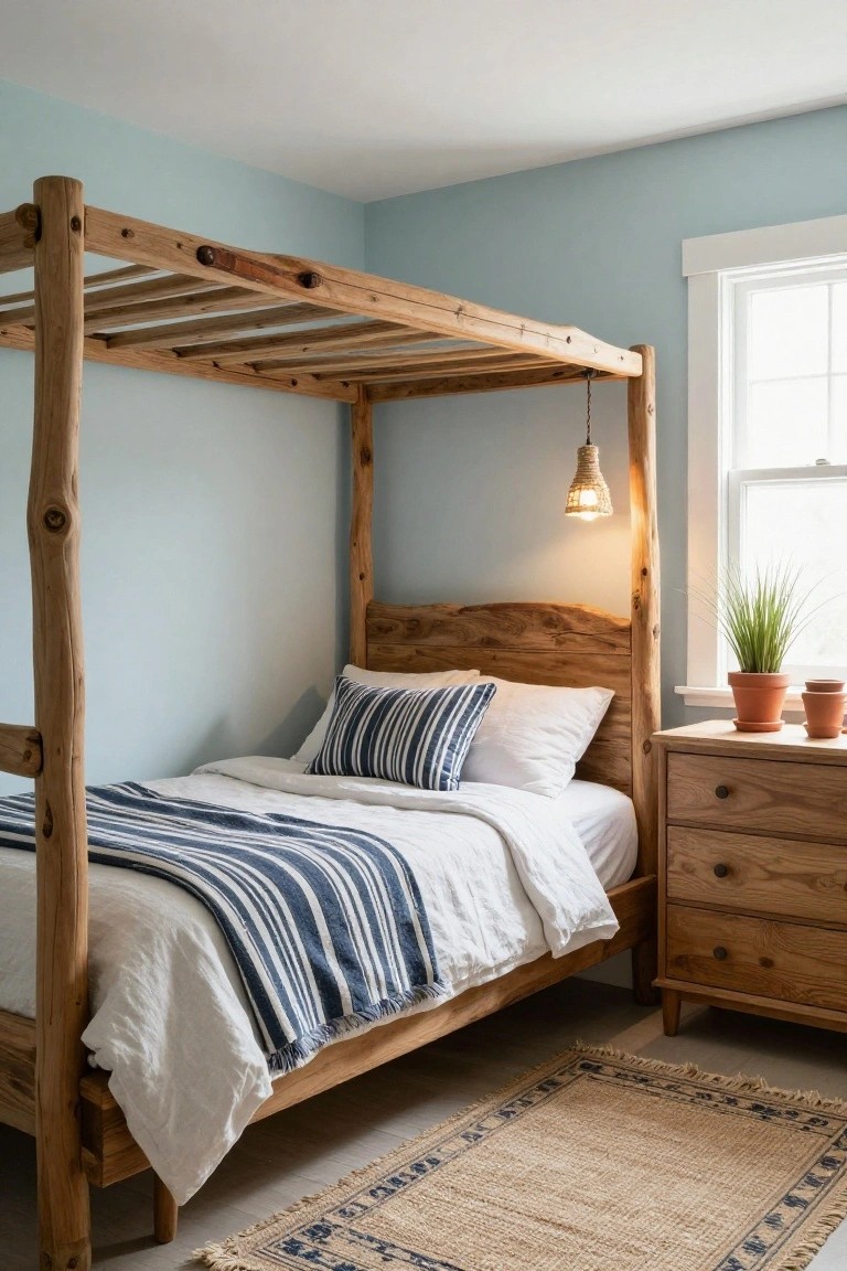 A twin bed with a rustic wooden canopy frame made from natural branch-like posts and ladder rungs sits in a light blue bedroom with striped bedding, a wooden dresser, potted plants, and a woven rug.