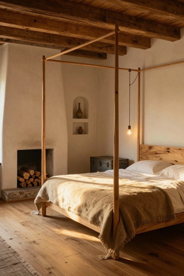 Sunlit bedroom interior with tall wooden four-poster bed covered in beige linens, white adobe walls, built-in niche holding two pottery vases, small fireplace stacked with firewood, metal side table, and wooden beam ceiling.