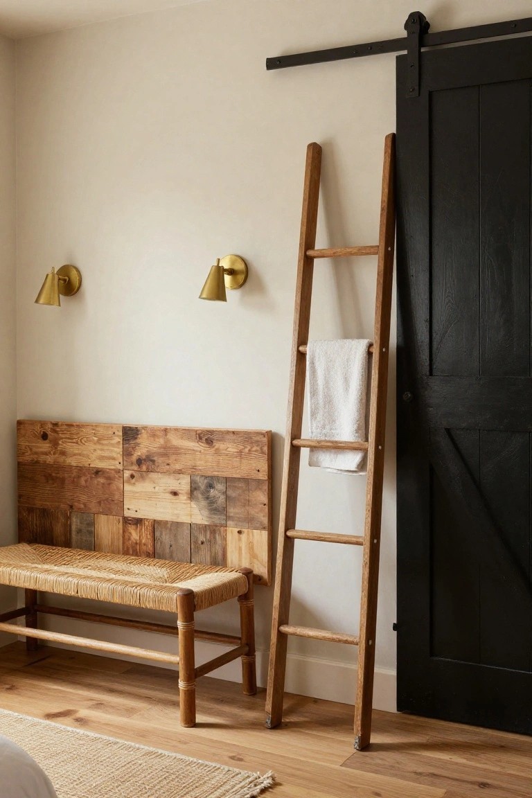 Corner of an interior room featuring a tall wooden ladder with a white towel draped over it leaning next to a black sliding barn door, a bench with reclaimed wood back and woven seat, two gold sconces on a white wall, and light wood flooring with a rug.