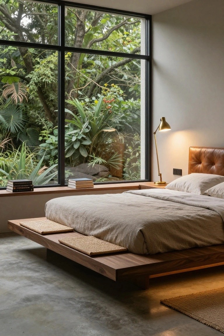 Bedroom with low dark wood platform bed, tufted tan leather headboard, beige linen bedding, seagrass bolsters and mats, stack of books on wooden window sill, gold arc lamp, large black-framed floor-to-ceiling windows showing lush tropical foliage, polished concrete floor, and woven rug.