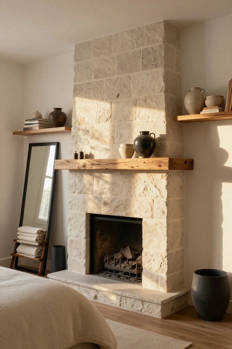 Bedroom interior with a tall beige stone fireplace on one wall, wooden mantel shelf holding candles and ceramics, floating wood shelves with books and pottery, black floor mirror, towel ladder, black trash bin, large black vase, and bed with beige bedding on wood floor.