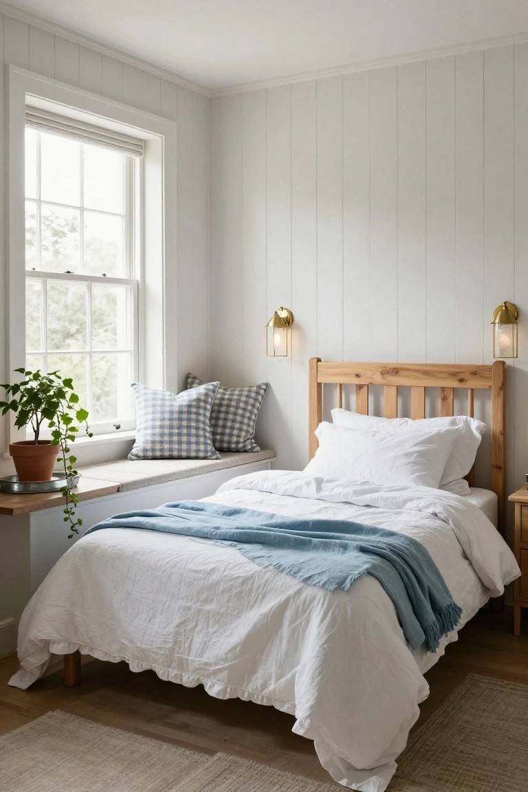 Cozy bedroom with light gray shiplap walls, wooden slat headboard, white ruffled duvet, blue throw blanket, window seat with blue gingham pillows and potted ivy plant, brass wall sconces, hardwood floors, and seagrass rug.