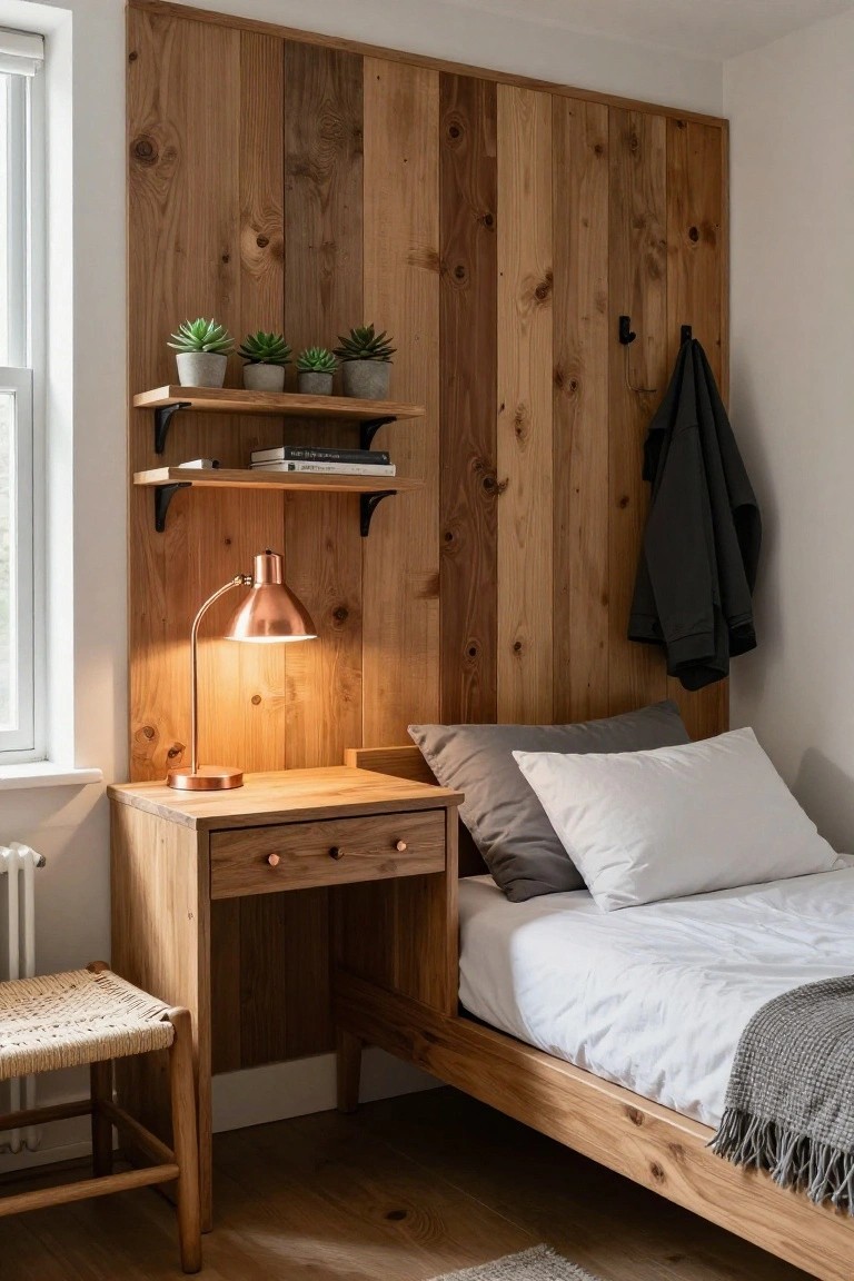 Small bedroom with vertical wood plank accent wall behind a low wooden bed frame, wooden desk with copper lamp, floating shelves holding potted succulents and books, black coat on wall hook, and rattan stool nearby.