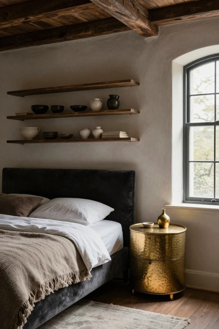 Bedroom with black velvet upholstered headboard bed dressed in white sheets and tan throw, rustic wooden floating shelves holding assorted black and white ceramic bowls and vases, brass drum side table with vase, arched black-framed window, and exposed wooden beam ceiling.