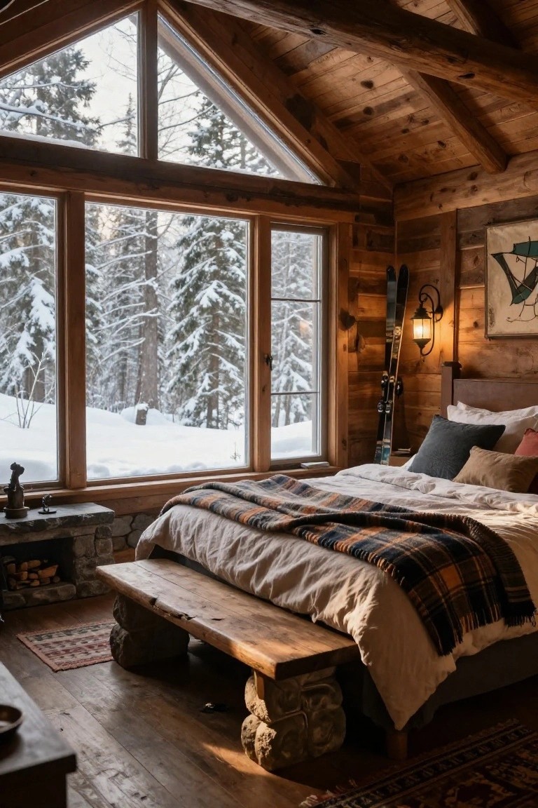 Rustic wooden bedroom in a log cabin with vaulted beam ceiling, large triangular and rectangular windows overlooking snow-covered pine forest, king bed draped in plaid wool blanket and white linens, black skis mounted on wall beside brass lantern light, rough-hewn wooden bench on carved stone legs at bed foot, and stacked firewood by stone hearth.