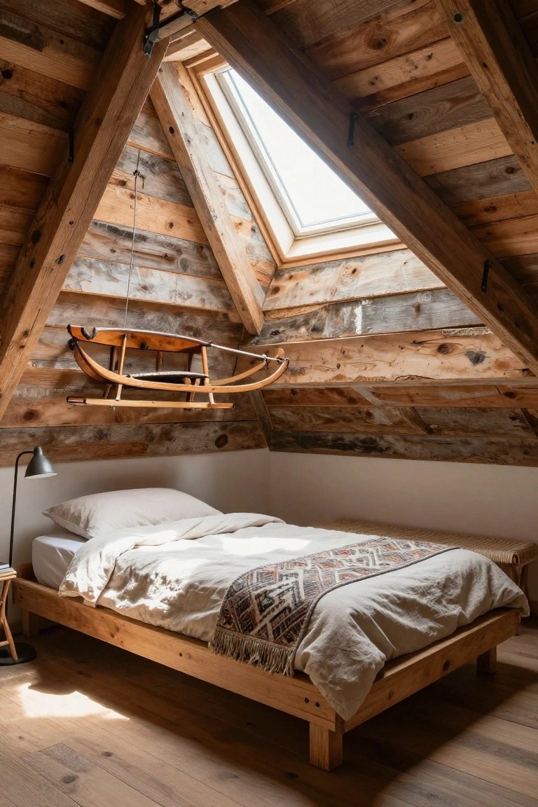 Rustic attic bedroom with sloped exposed wooden beam ceiling, skylight, suspended vintage wooden sled, low wooden platform bed with white duvet and patterned throw, floor lamp, side table, and hardwood floors.