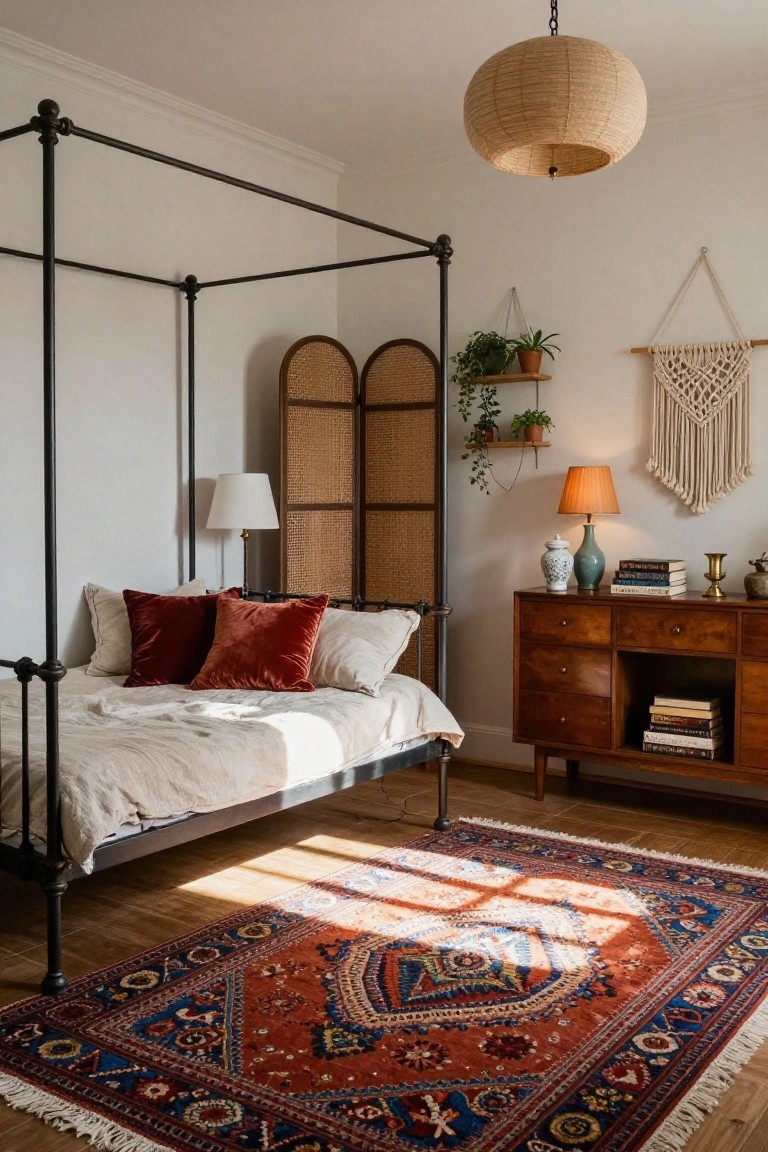 A sunlit bedroom with a black metal four-poster bed draped in white linens and red velvet pillows, a wooden dresser with books and lamps, rattan folding screen, hanging plants, macrame wall hanging, and red Persian rug on hardwood floors.