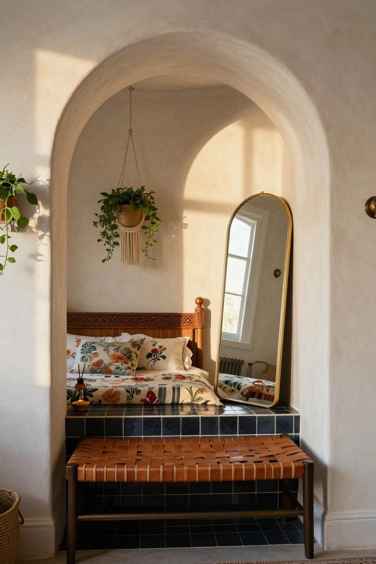 Arched alcove bedroom nook with carved wood bed frame, floral pillows and duvet, gold full-length mirror, hanging plants, leather bench on blue tiles, and woven basket nearby.