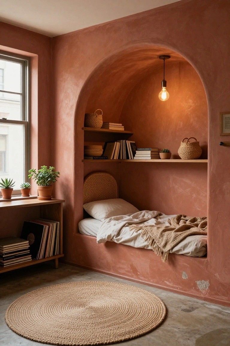 A bedroom nook with a built-in bed in a curved terracotta-plastered alcove, wooden shelves holding books, baskets, and potted plants, a hanging exposed-bulb light, a wooden side table with records and books, potted succulents by the window, and a round seagrass rug on the floor.