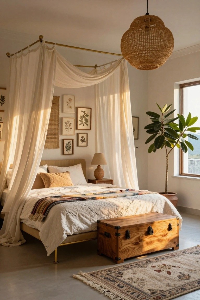 A sunlit bedroom with a four-poster bed draped in sheer white fabric, gold frame, botanical prints on walls, potted tree by window, wooden bench at bed foot, rattan pendant light, and woven rug on floor.