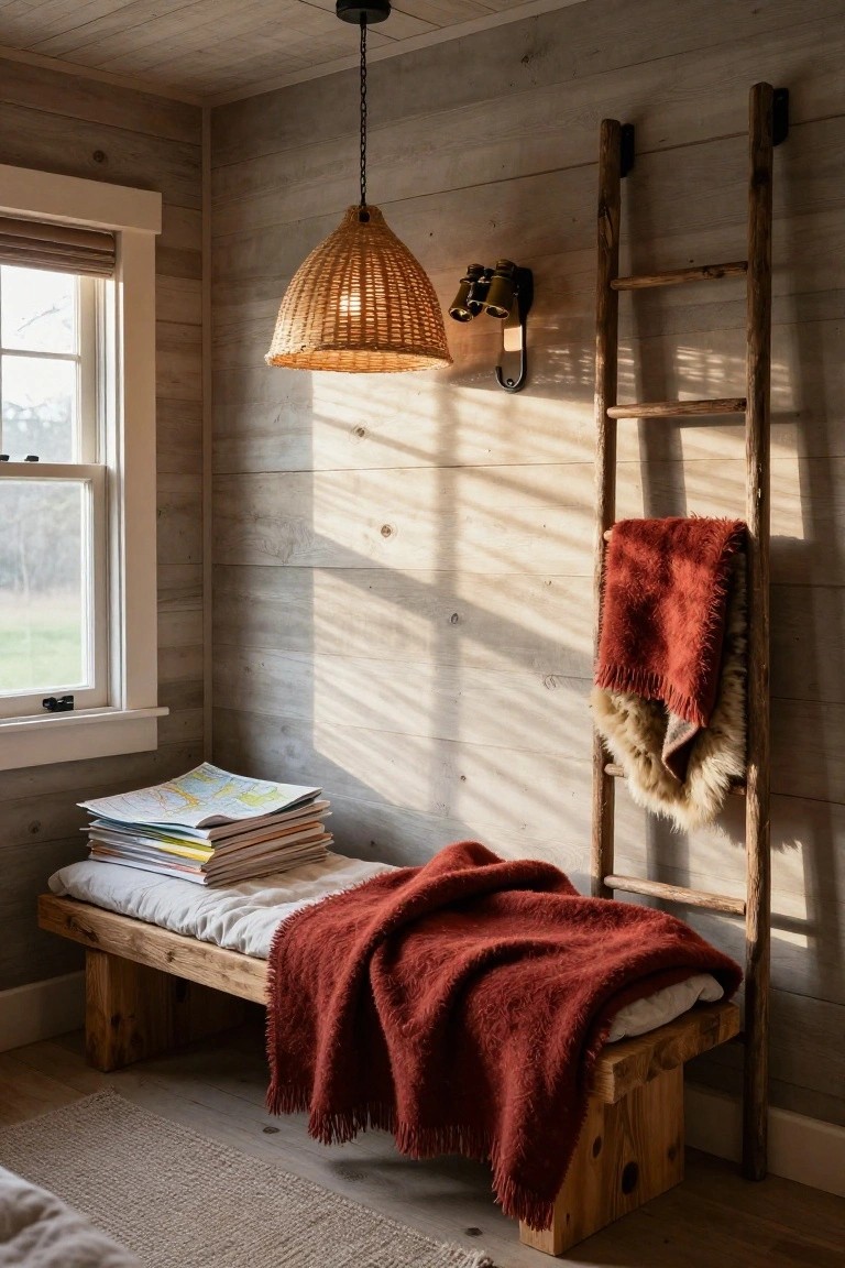 Wooden shiplap walled bedroom corner with a bench daybed covered by red blanket, stack of books and magazines on the bench, tall wooden ladder draped with red and fur blankets, rattan pendant light, binoculars wall sconce, and window with blinds.