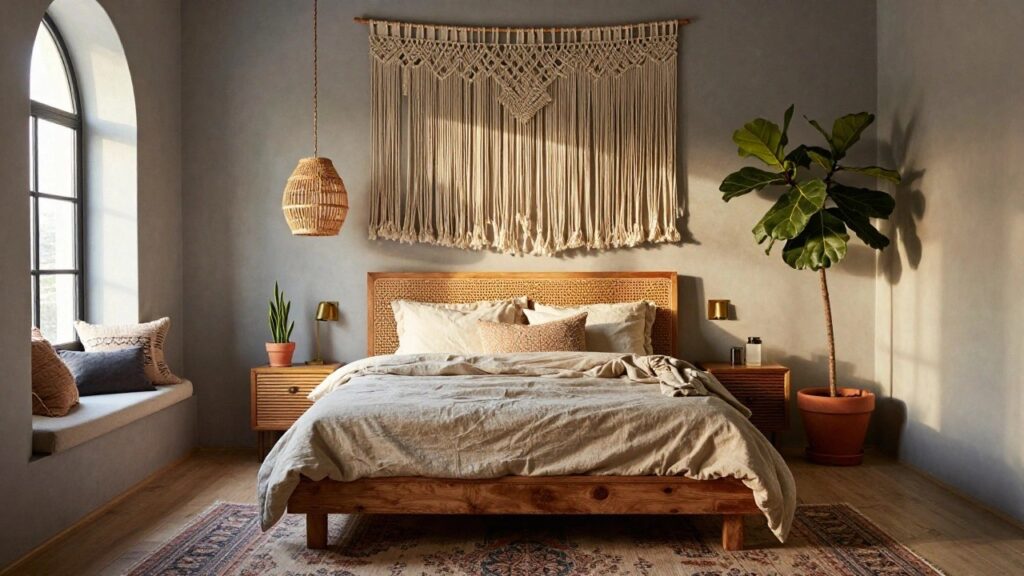 20 Charming Cozy Boho Bedroom Ideas for Couples to Unwind Together A light beige bedroom with a low wooden platform bed featuring a rattan headboard, beige linen bedding, a tall potted fiddle leaf fig plant, macrame hangings on an arched window and wall, pillows on the windowsill, a bedside table with lamp, and a patterned rug on light wood floors.