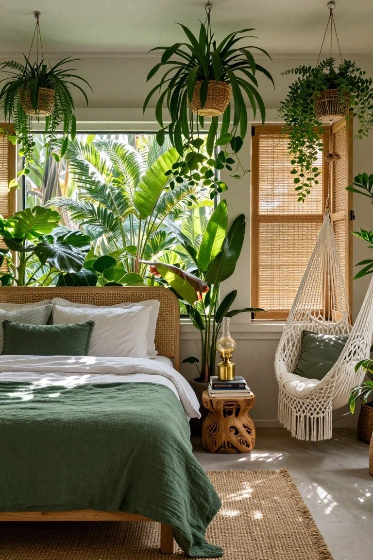 A boho bedroom with rattan bed frame, green linen bedding, large tropical plants like monstera on the floor and hanging from the ceiling, macrame hammock chair, wooden side table, seagrass rug, and shuttered windows showing outdoor palms.