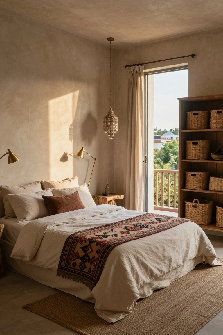Boho bedroom interior with low bed dressed in white linens and multicolored woven runner, stacked pillows, brass wall lamps, wooden shelves holding rattan baskets, open sliding door to balcony overlooking palm trees and buildings.