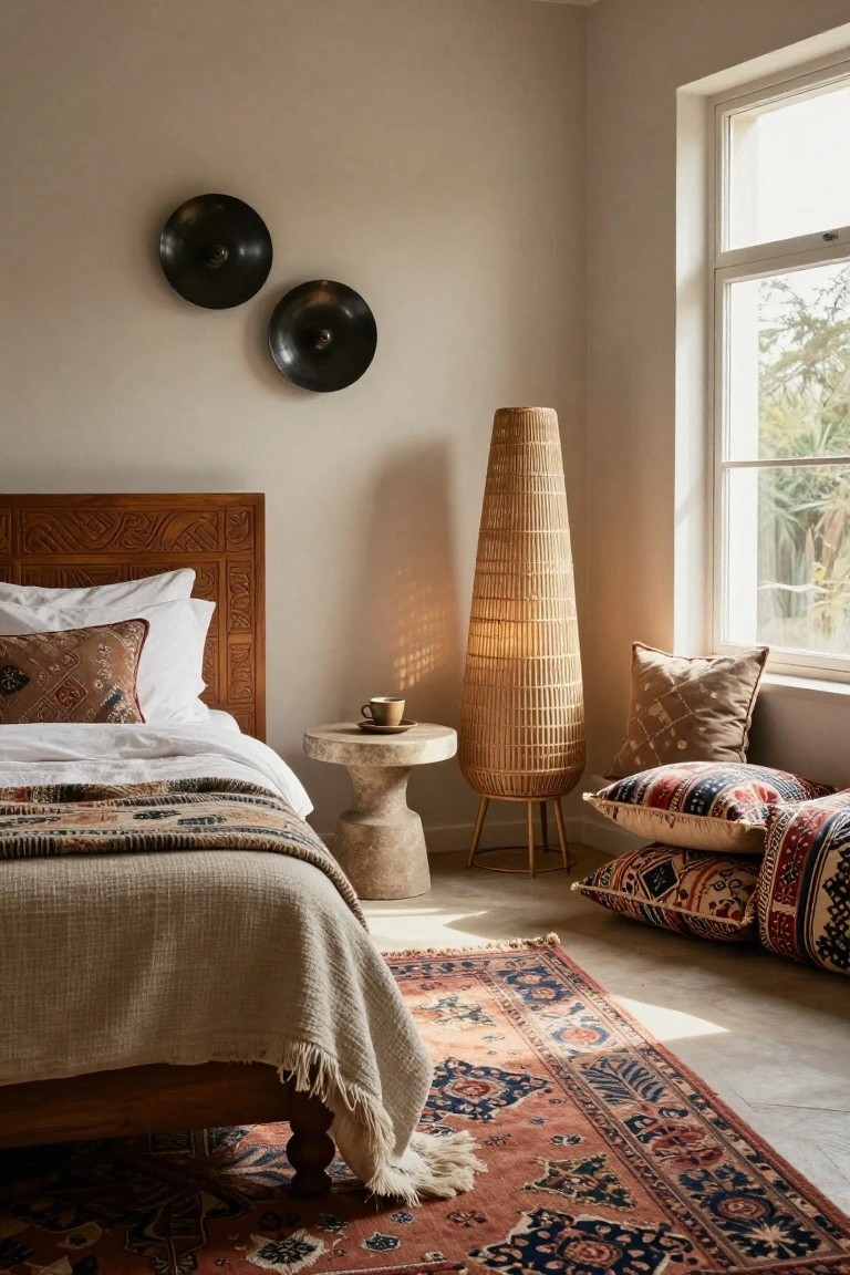 Cozy bedroom corner with carved wooden headboard on bed draped in neutral linens, tall rattan floor lamp beside stone pedestal table holding coffee cup and saucer, patterned rug on floor, and assorted pillows near window.