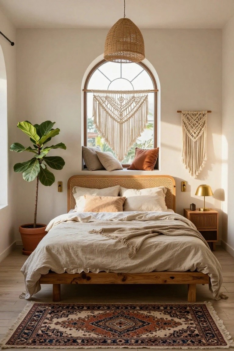 A light beige bedroom with a low wooden platform bed featuring a rattan headboard, beige linen bedding, a tall potted fiddle leaf fig plant, macrame hangings on an arched window and wall, pillows on the windowsill, a bedside table with lamp, and a patterned rug on light wood floors.