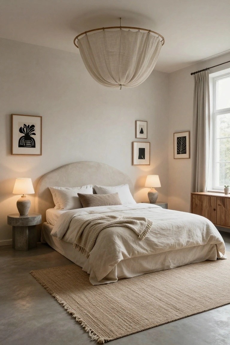 A bedroom featuring a large round beige fabric pendant light suspended over a curved upholstered bed with neutral linens and pillows, concrete side tables holding ceramic lamps, abstract framed artwork on walls, a wooden dresser, and a seagrass rug on a concrete floor.