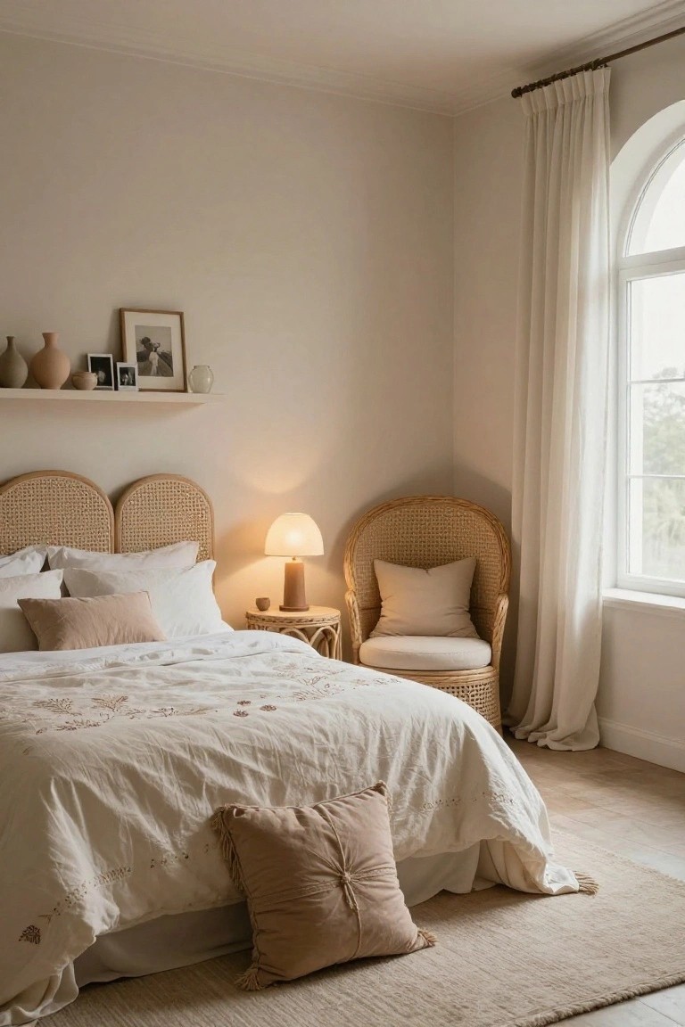 Bedroom corner with double curved rattan headboard on bed with white and beige bedding, matching rattan armchair with cushions, floating shelves holding vases and frames, side table with lamp, and arched window draped in sheer white curtains.