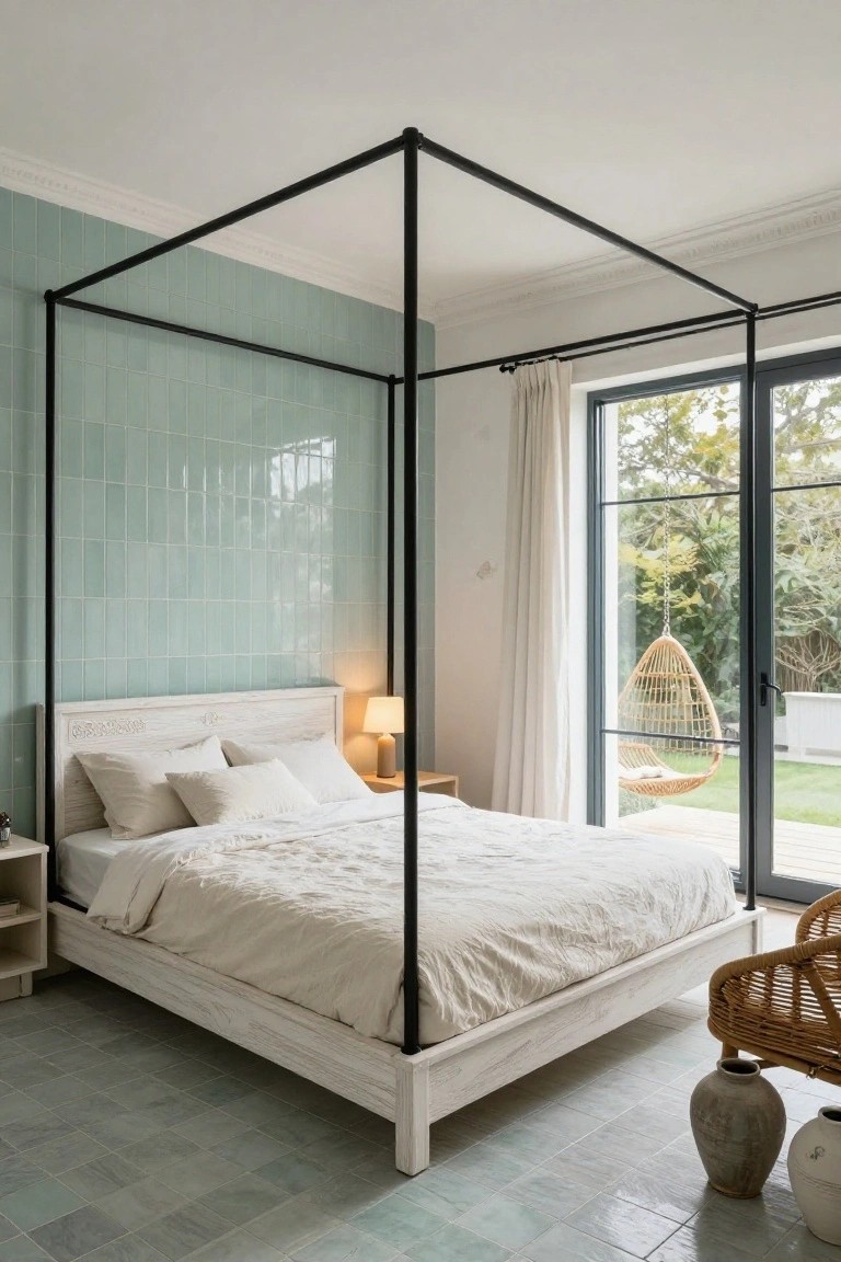 Bedroom interior with a white bed under black metal canopy frame, teal tiled walls and floor, white linens, bedside table with lamp, rattan hanging chair, and sliding glass doors to garden.