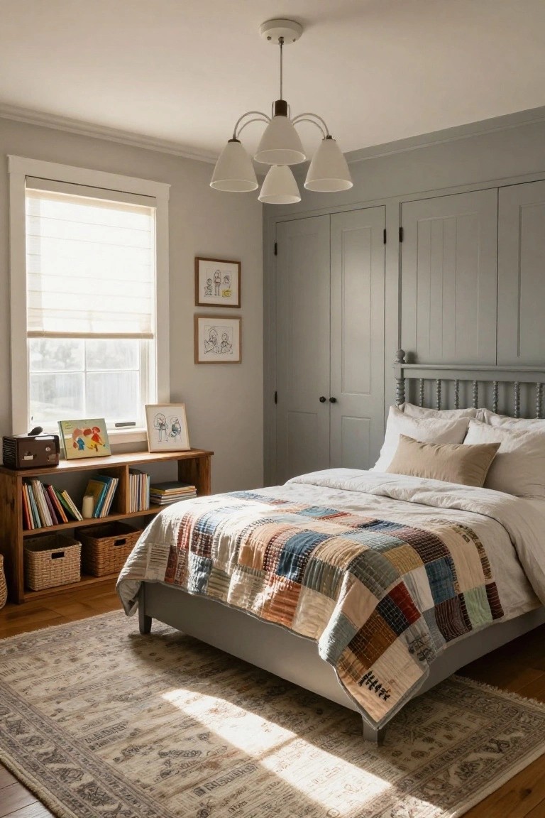 A cozy farmhouse bedroom featuring gray paneled walls and built-in wardrobes, a wooden spindle headboard bed with white bedding and a multicolored patchwork quilt, a wooden bookshelf with books and baskets, and a window with sheer shades letting in sunlight over a beige rug.
