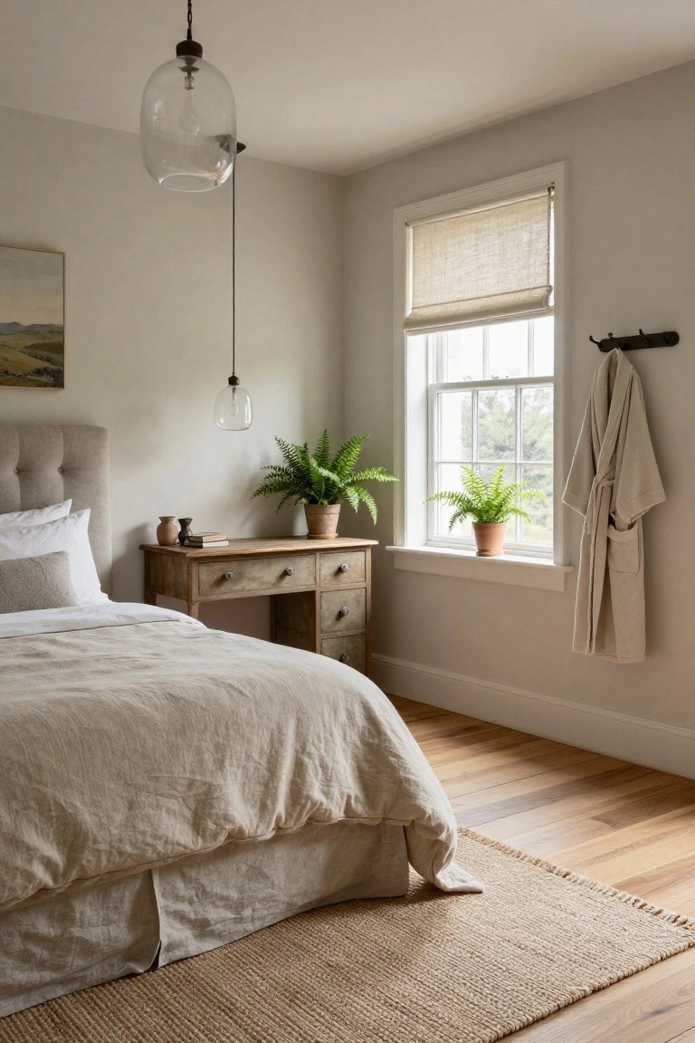 Bedroom corner with a bed dressed in white sheets and beige linen duvet, adjacent wooden desk holding vases and a book, potted ferns by a window with bamboo shade, glass pendant lights overhead, beige robe on wall hook, light gray walls, wood floors, and seagrass rug.