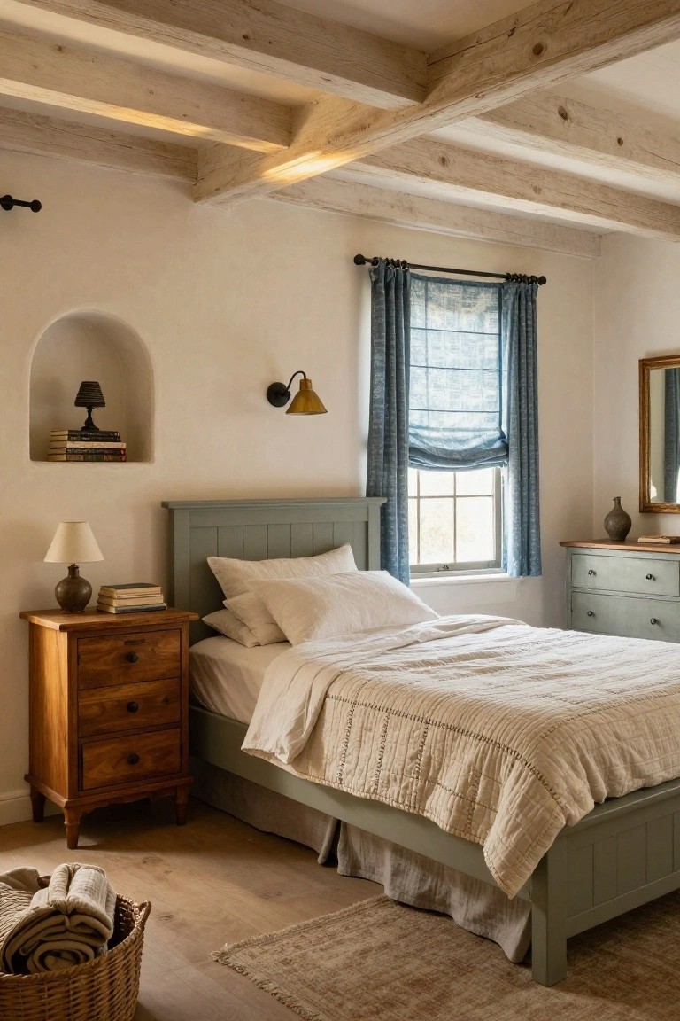 Cozy bedroom with exposed wooden beam ceiling, sage green painted wooden bed frame and dresser, warm wood nightstand with lamp and books, arched wall niche with stacked books and candle, blue patterned roman shade on window, and basket of folded linens on wood floor.