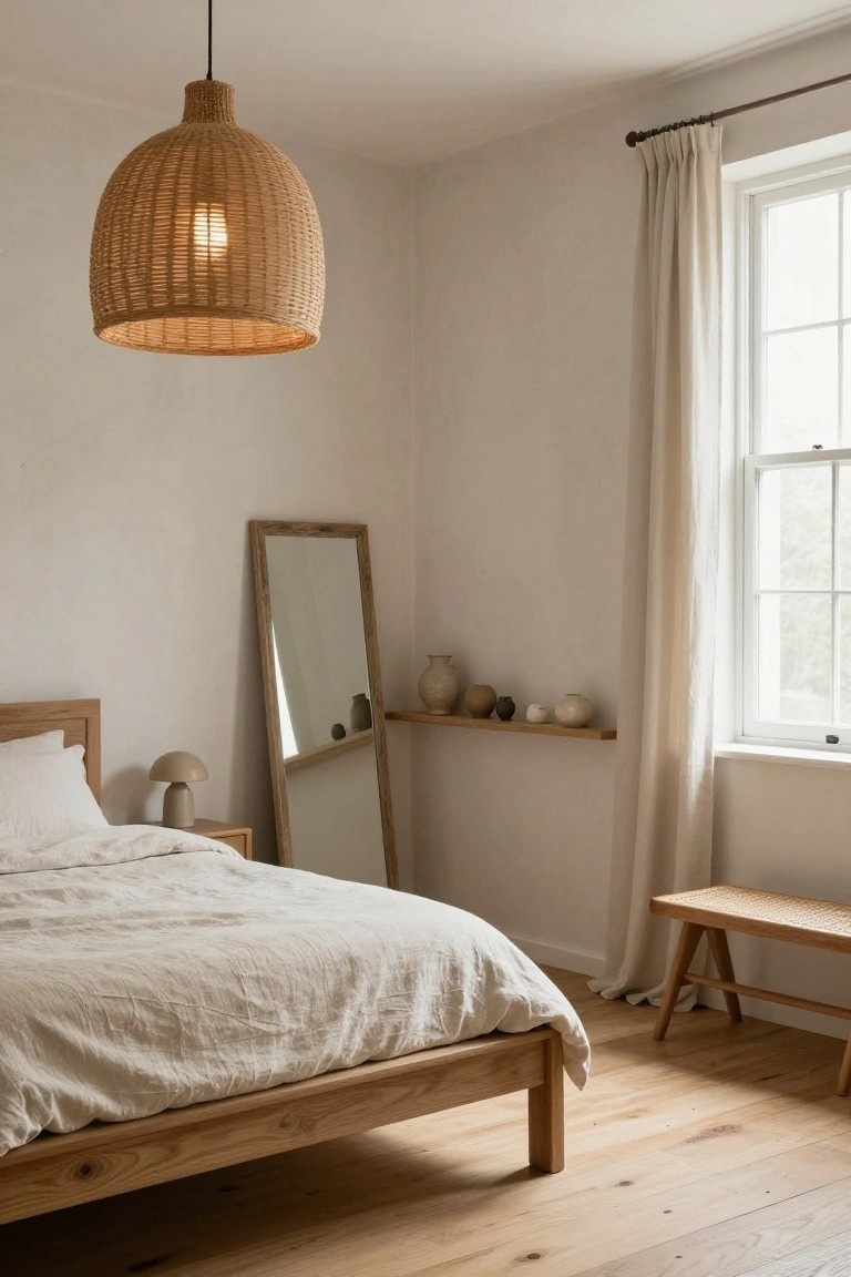 Bedroom corner with low wooden bed frame and white linen bedding, wooden nightstand holding beige mushroom lamp, tall leaning wooden mirror next to wall shelf with ceramic pots, rattan pendant light hanging above, wooden bench by window with sheer curtains, light wood floors and white walls.