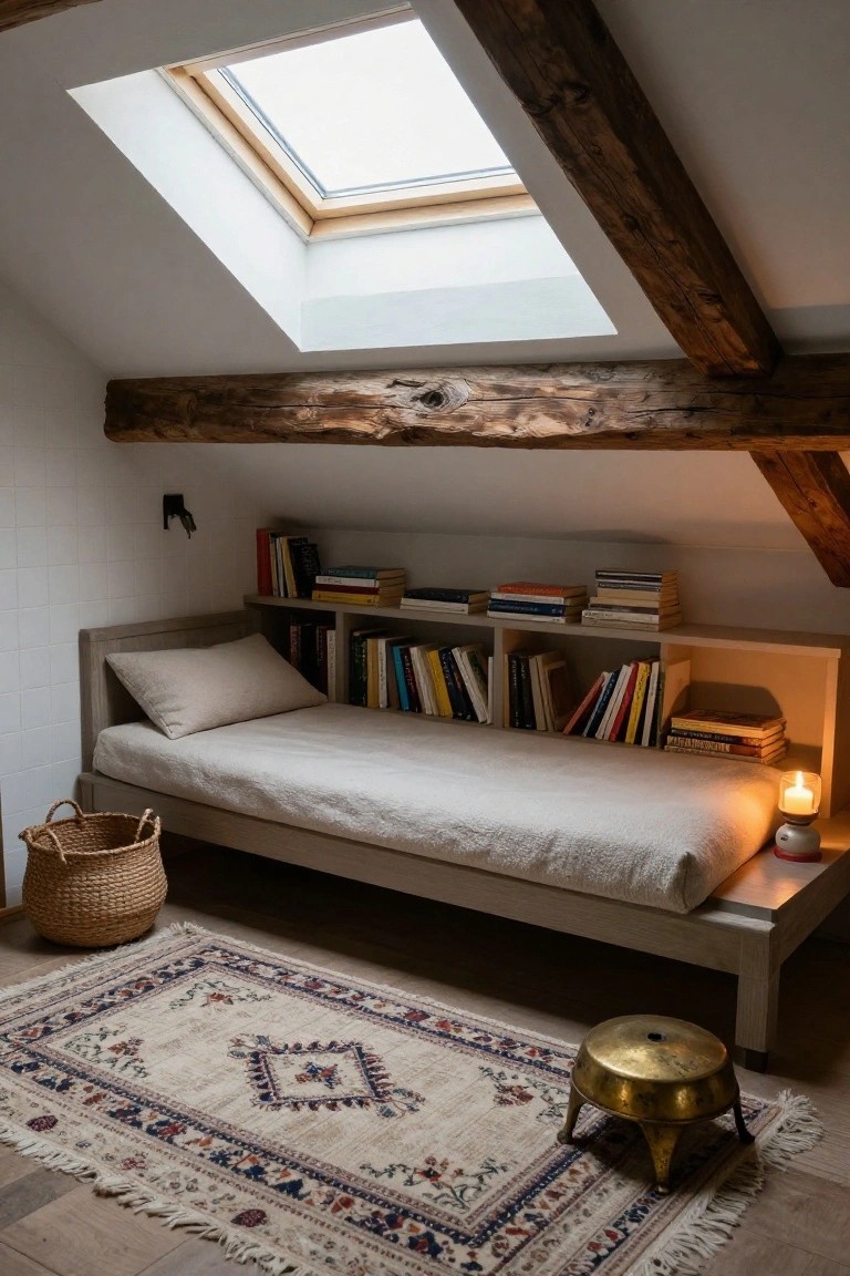 Attic bedroom alcove featuring a low wooden daybed with white linens next to built-in bookshelves filled with books, under a sloped white ceiling with wooden beams and a skylight, including a candle lamp, woven basket, Persian rug, and brass stool on wood floors.