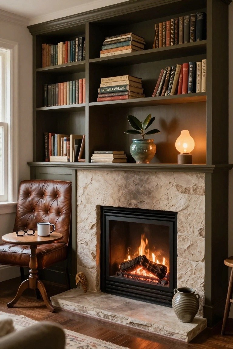 Interior view of a reading alcove with dark green built-in bookshelves surrounding a stone fireplace, a tufted brown leather armchair with side table and mug, potted plants, and a lamp on the shelves.
