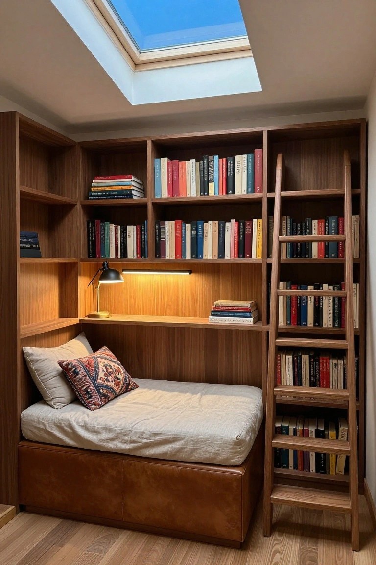 Corner indoor alcove with walnut wood bookshelves on three walls filled with books, a single low bed with white linens and patterned pillow, brass desk lamp, leather bed base, wooden ladder, and skylight overhead.