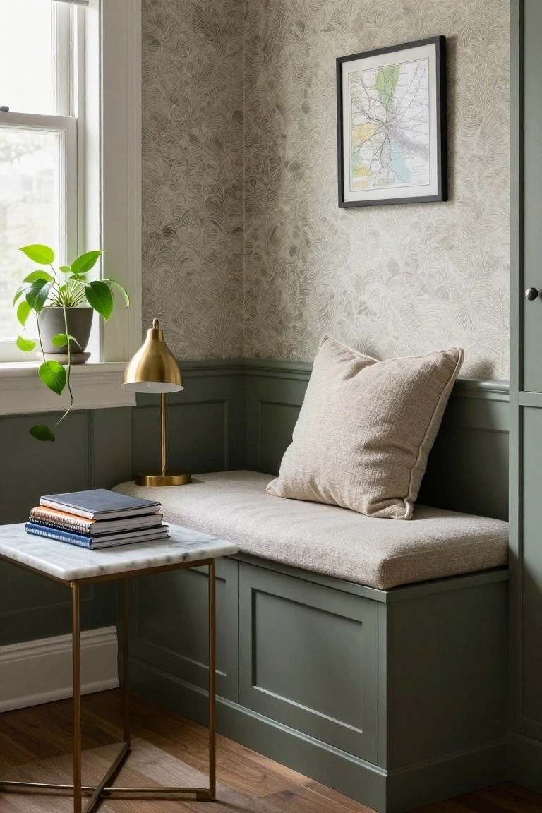 Corner indoor reading nook with sage green built-in bench topped by beige cushion and pillow, gold lamp and stacked books on marble table beside it, potted plant on windowsill, and textured beige wallpaper on walls.