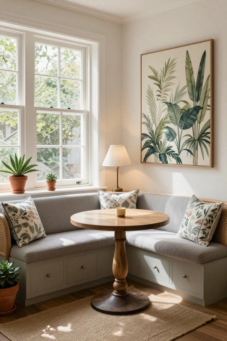 Corner indoor alcove with gray built-in banquette seating around a small wooden pedestal table, white-framed windows, potted plants, and a large framed botanical print on the wall.