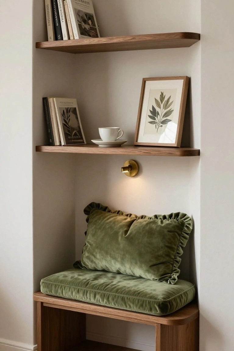 Recessed wall alcove with three floating oak shelves holding books and plants, a framed leaf print, white teacup on saucer, brass wall light, and built-in wooden bench with ruffled green velvet cushion.