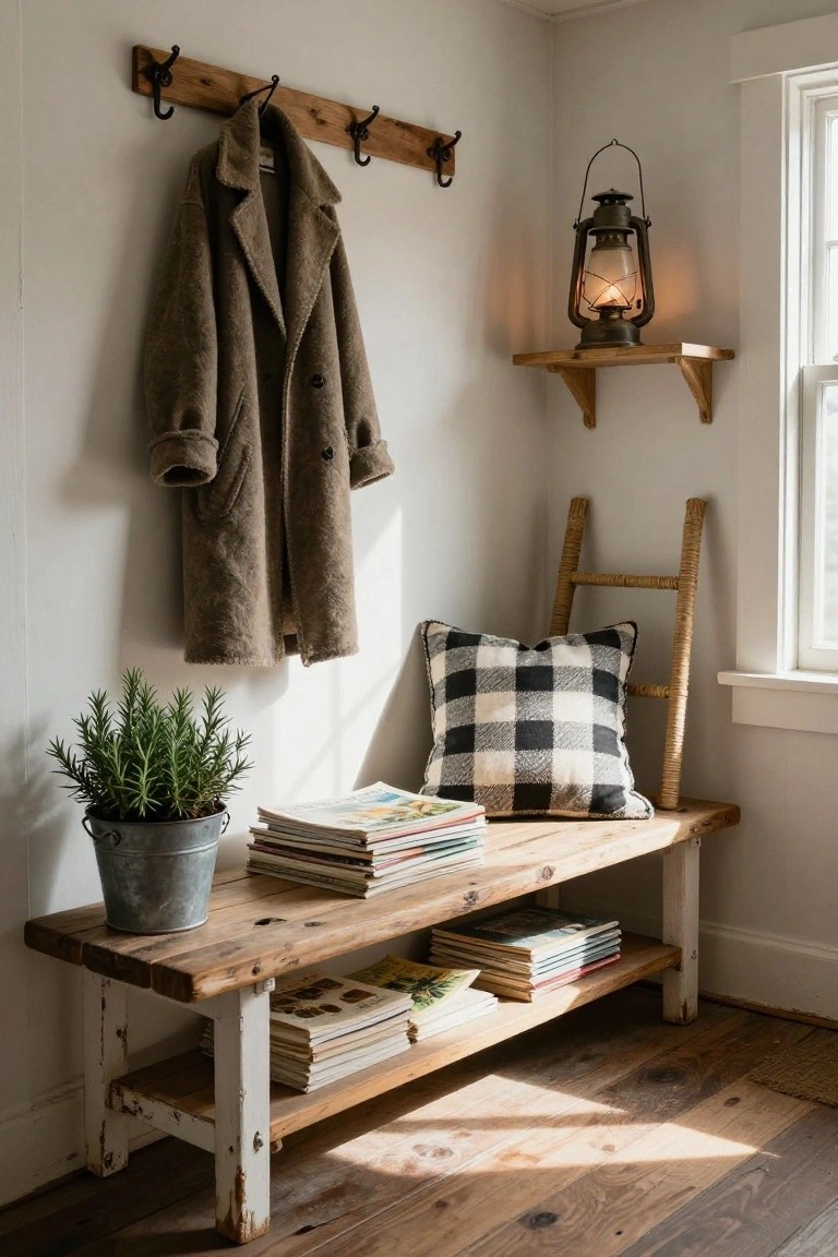 Corner interior with wooden coat hooks holding a tan wool coat, a rustic wooden bench with stacked books on top and below, metal bucket with rosemary plant, black-and-white check pillow on wicker ladder, and lit metal lantern on wooden shelf against white walls and wood floor.