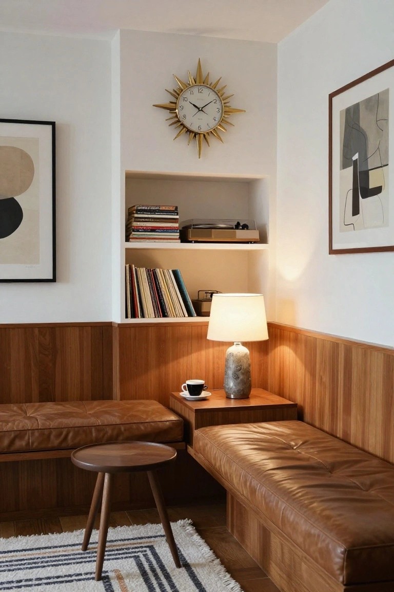 Corner indoor reading alcove with wood-paneled walls, built-in shelves holding books and records, tan leather bench seating, small wooden side table with lamp and coffee cup, gold sunburst clock, and abstract framed artwork.