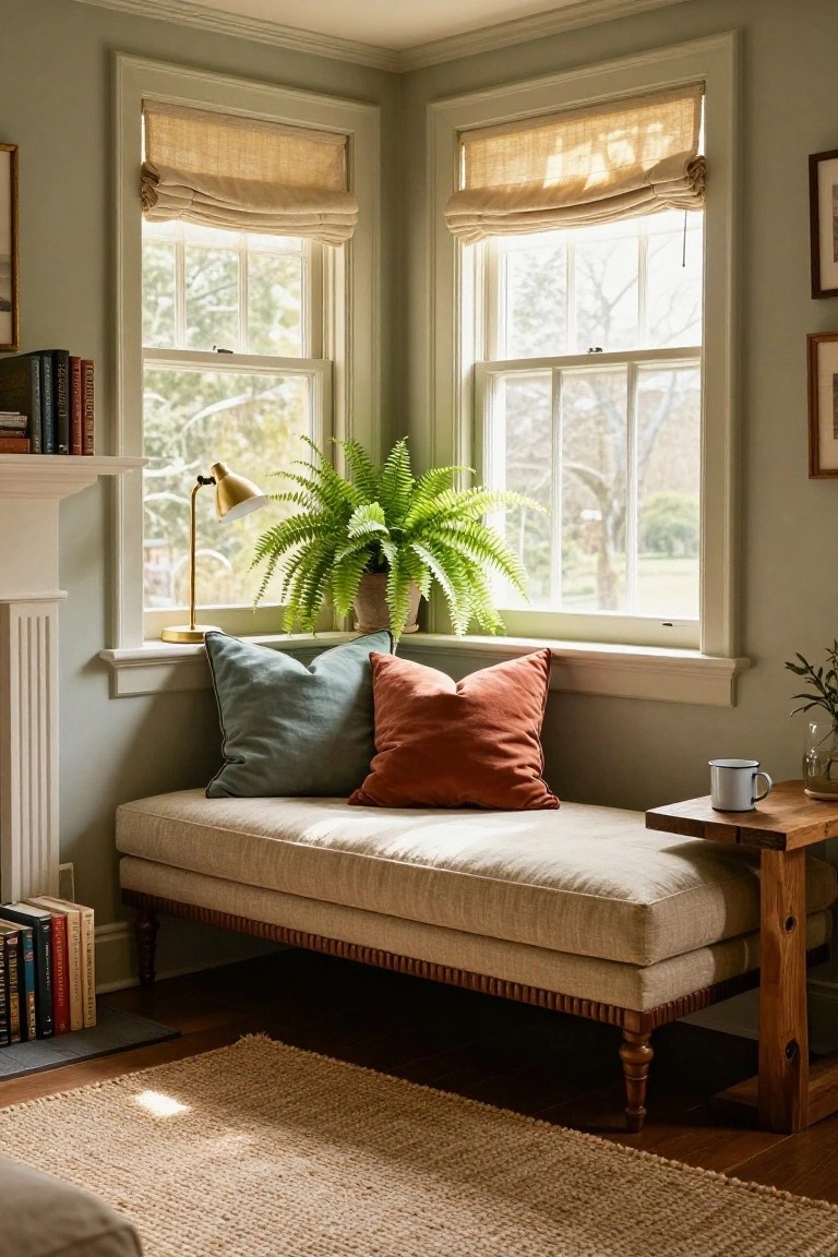 A beige upholstered daybed with teal and coral pillows positioned in the corner of a light green room between two large windows with beige linen roman shades, featuring a brass lamp, potted fern plant, small table with mug, bookshelves, and jute rug.