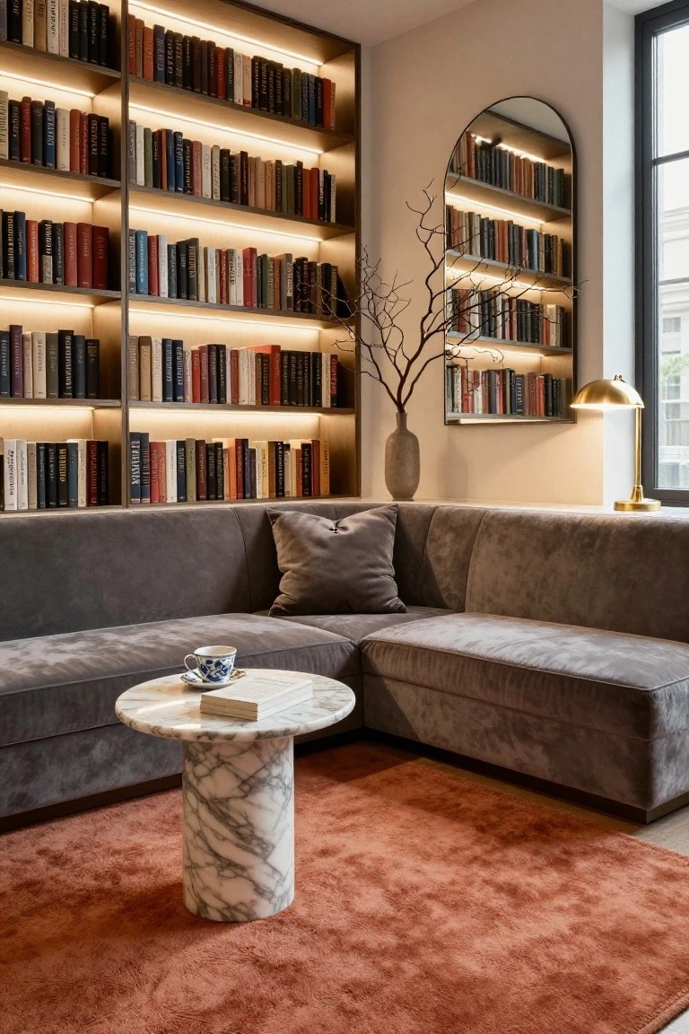 Modern interior with tall backlit bookshelves on two walls around a gray velvet L-shaped sofa, marble pedestal table holding a teacup and saucer, terracotta rug, and gold lamp near a large window.