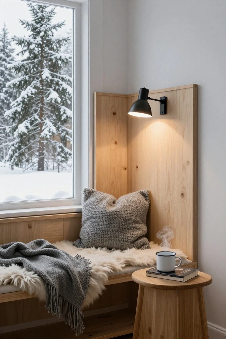 Wooden-paneled corner alcove with cushioned bench seat by a large window showing snowy pine trees outside, topped with gray pillows and sheepskin rug, plus a side table holding a white mug and book.
