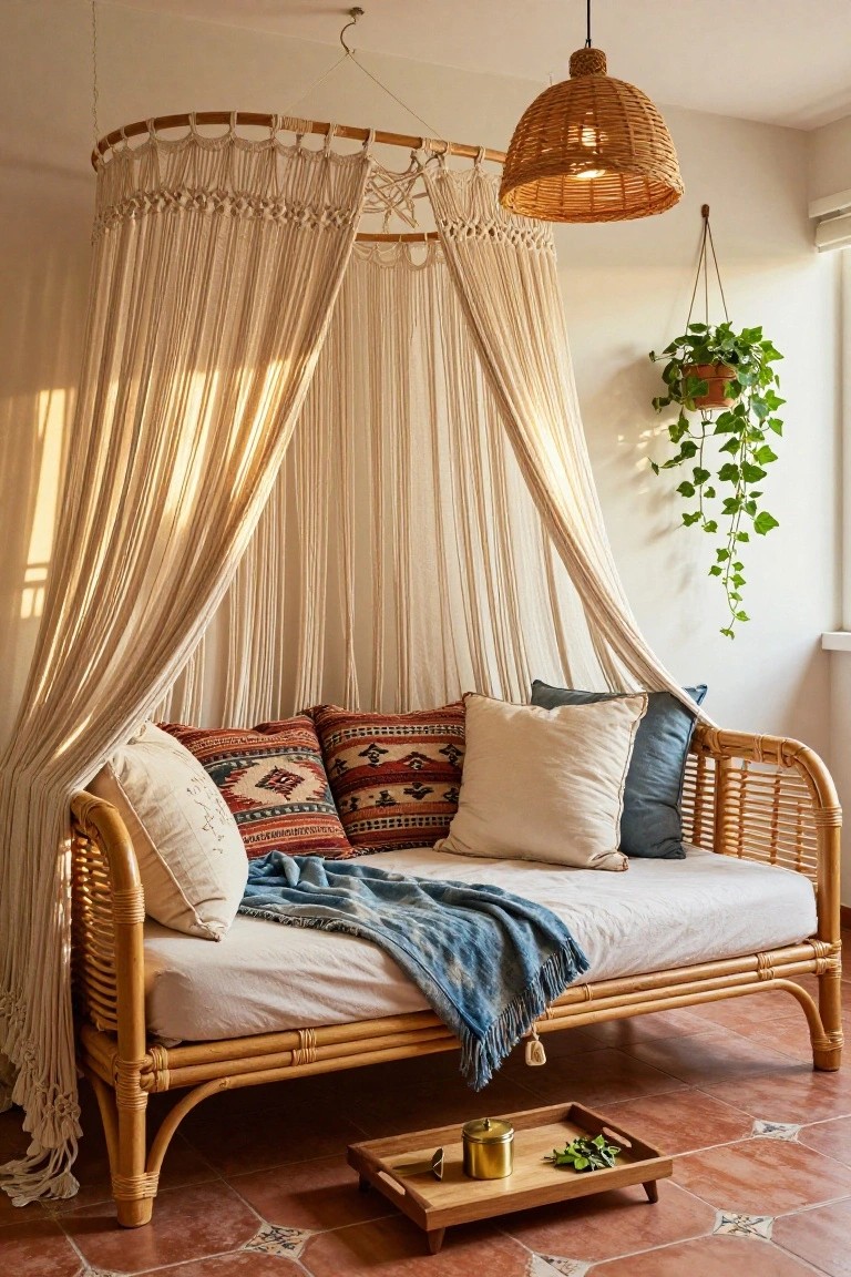 Rattan daybed with beige draped canopy, patterned pillows, white pillows, blue throw blanket, hanging plant, rattan lamp, brass container and herbs on wooden tray on terracotta tiled floor