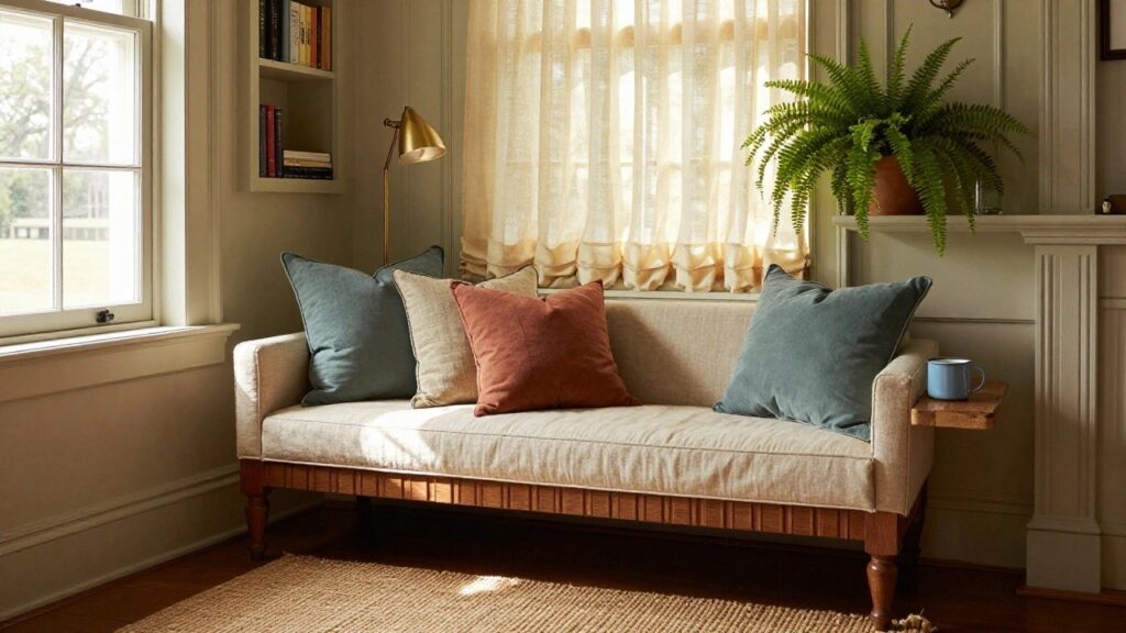 A beige upholstered daybed with teal and coral pillows positioned in the corner of a light green room between two large windows with beige linen roman shades, featuring a brass lamp, potted fern plant, small table with mug, bookshelves, and jute rug.