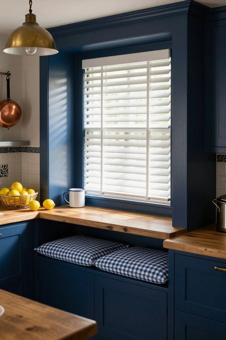 Kitchen corner featuring navy blue cabinets, a wooden window sill with built-in bench topped by blue checkered cushions, white wooden blinds, a brass pendant light, lemons in a basket, and a white mug.