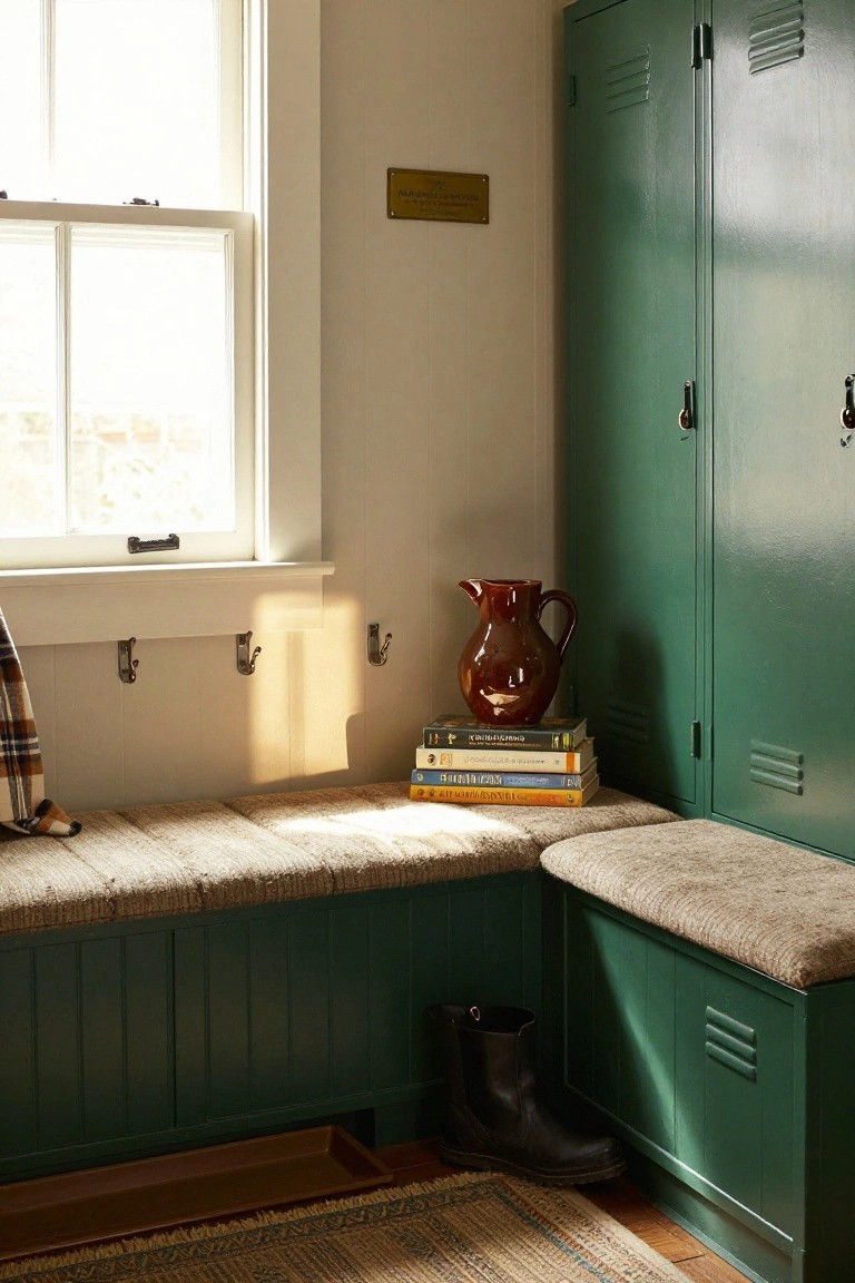 Corner indoor mudroom featuring tall green metal lockers, a cushioned bench seat with stacked books and a red-brown jug, a window with natural light, coat hooks on the wall, a black boot on the floor, and a woven rug.