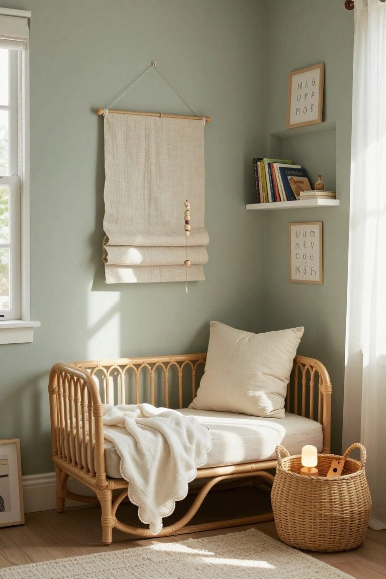 Sage green corner room with rattan daybed piled with white pillows and blanket, linen wall hanging with beads, books on floating shelves, framed art, wicker basket holding a lit candle, near a window with sheer curtain.