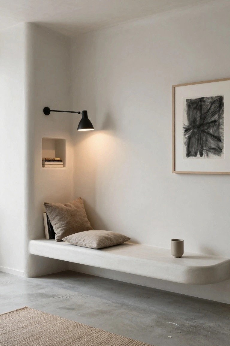White curved wall alcove with floating bench, beige pillows and book, black wall-mounted lamp lit up, abstract black ink drawing in frame on wall, beige mug on bench edge, concrete floor and beige rug below.