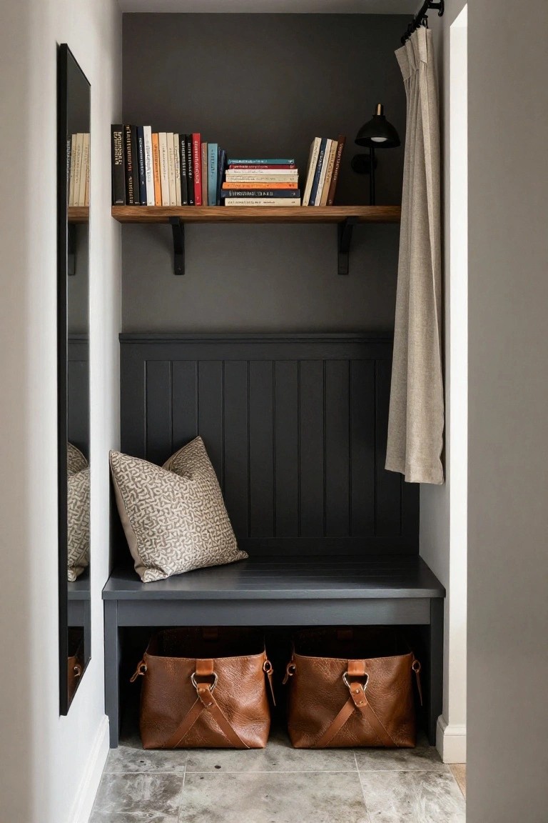 Narrow indoor alcove with dark gray paneled bench seat, textured pillow, overhead wooden shelves of assorted books, two brown leather storage baskets underneath, tall slim mirror on left wall, and beige linen curtain hanging from rod on right.