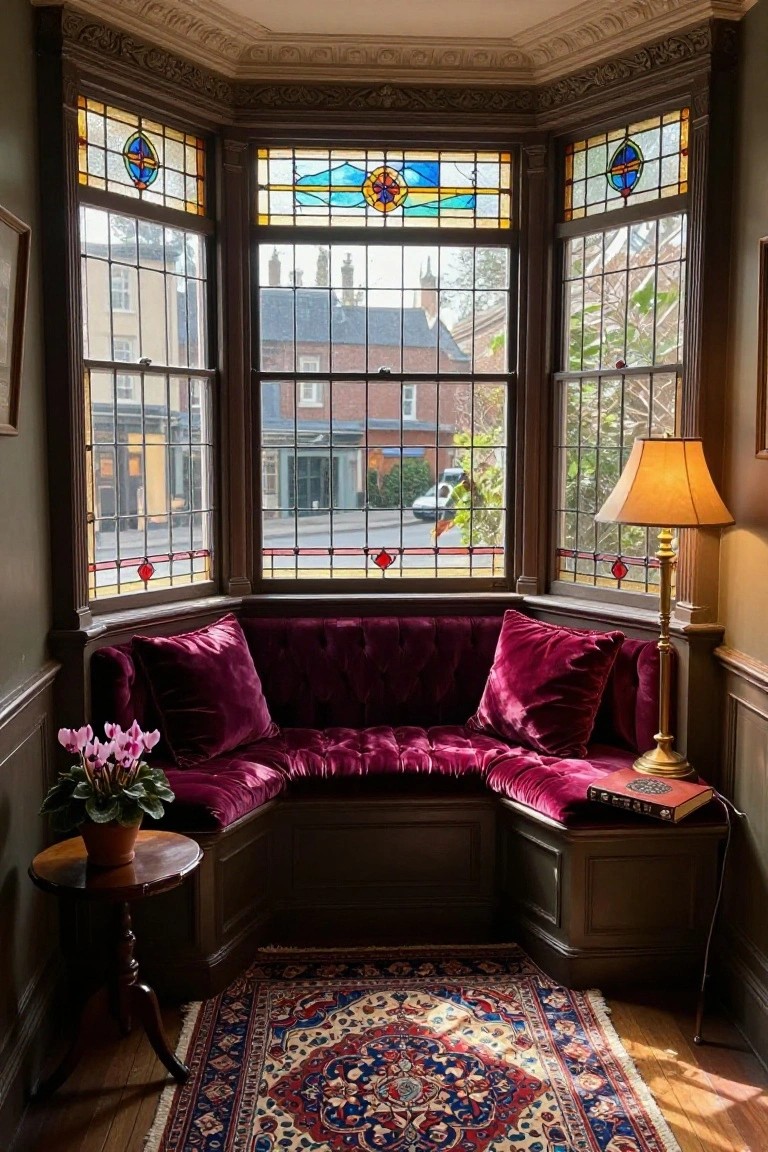 Interior alcove with purple velvet upholstered bench seat in a bay window with stained glass panels, brass lamp on a wooden side table holding a book and potted pink flowers, and a patterned rug on wooden floor.