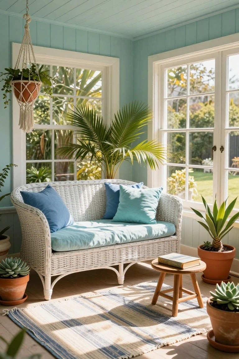 White wicker loveseat with turquoise cushions in a pale blue sunroom corner, surrounded by potted plants including palms and succulents, a small wooden stool with a book beside it, large windows showing garden outside, and a hanging macrame planter.
