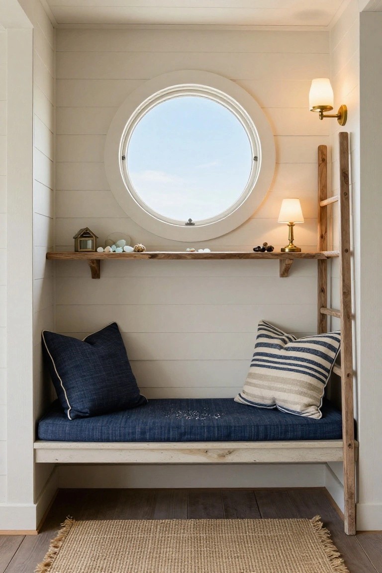 Cozy indoor alcove with shiplap walls, round porthole window overlooking blue sky, wooden ladder shelving holding shells and lamps, bench with navy and striped pillows, and jute rug on wood floor.