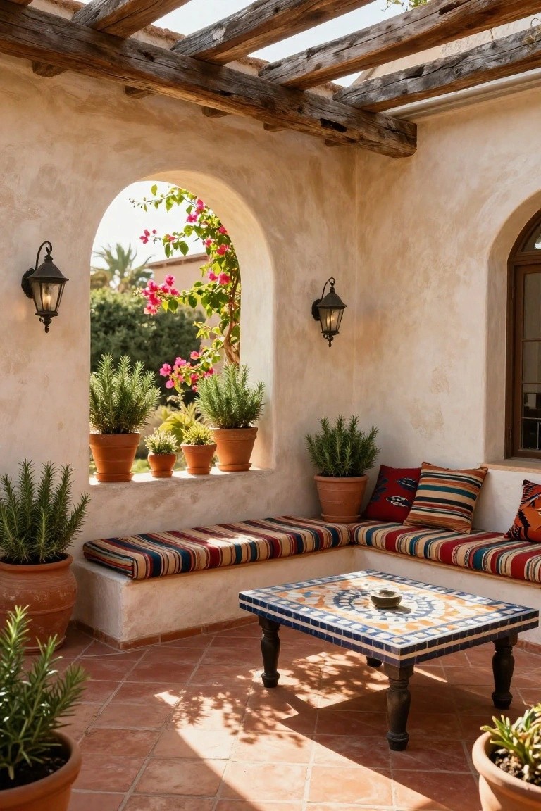 A covered outdoor porch with beige stucco walls under wooden beams, an arched window with pink bougainvillea vines and potted rosemary plants on the sill, a built-in L-shaped bench with colorful striped cushions, a low blue-and-white tiled coffee table, wall lanterns, and terracotta tile floor.